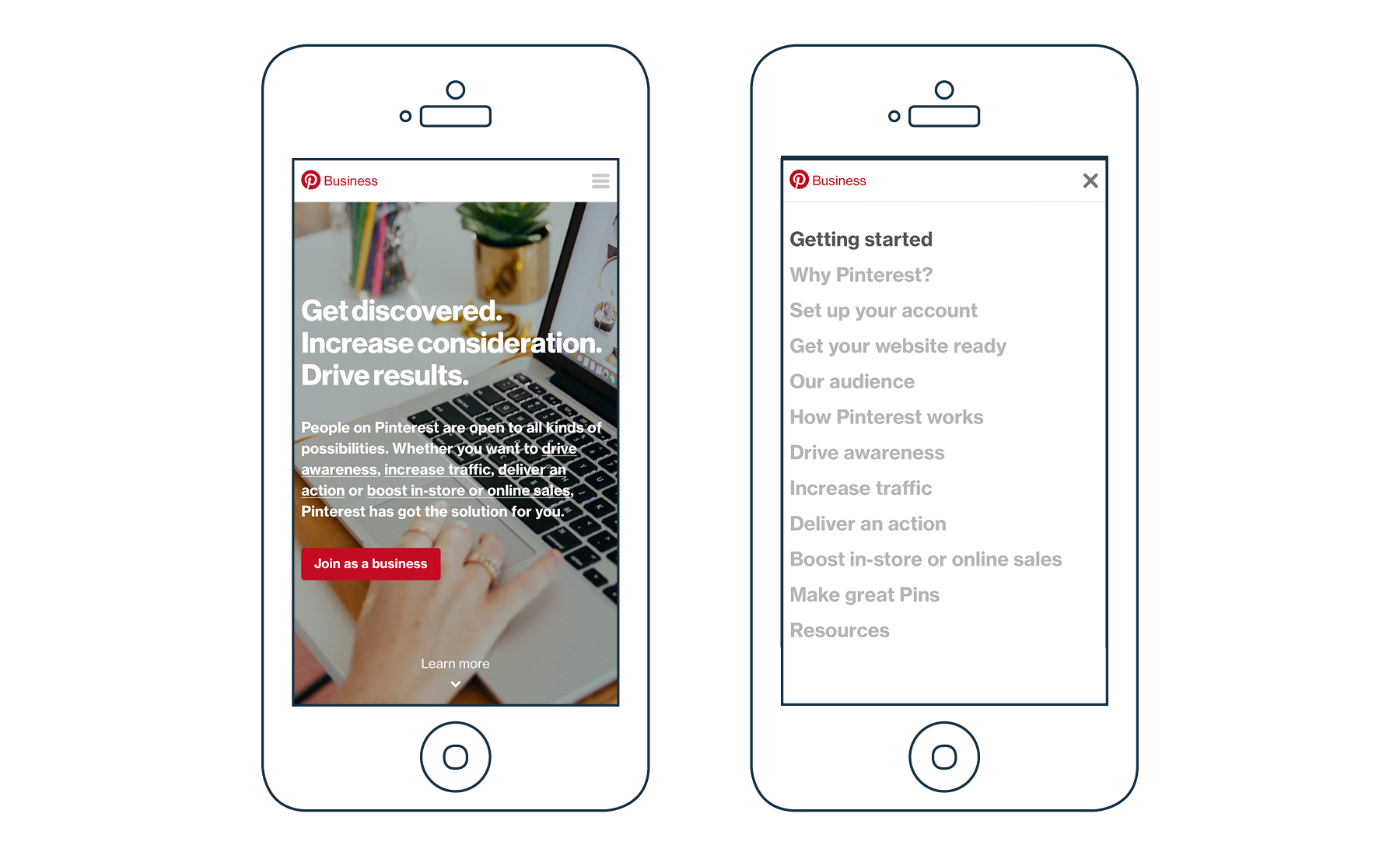 Pinterest for Business homepage on mobile