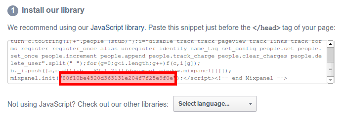 Shows the page on Mixpanel.com with the Javascript code