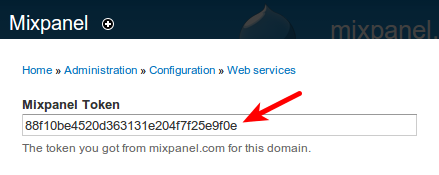 Shows Mixpanel settings form, pointing out the token field in particular