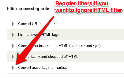 Put "Convert asset tags to markup" filter at ever end of the Filter processing group