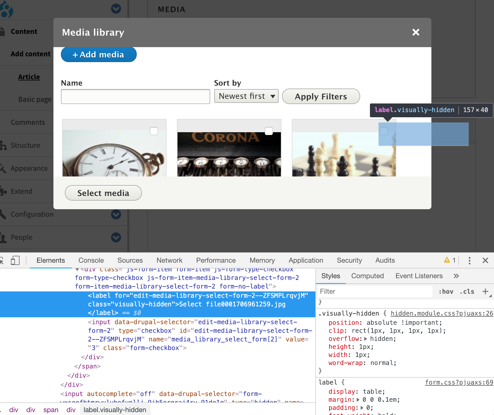 Screenshot of issue with visually hidden element.