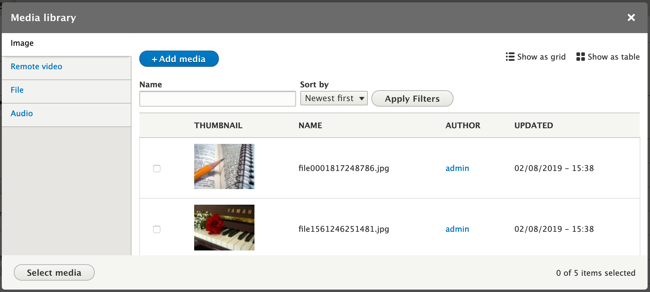 Table display with links to switch between grid/table.