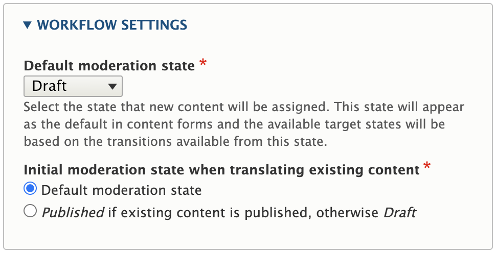Workflow edit form showing new setting as radio buttons with the text in #101 as implemented by patch #104