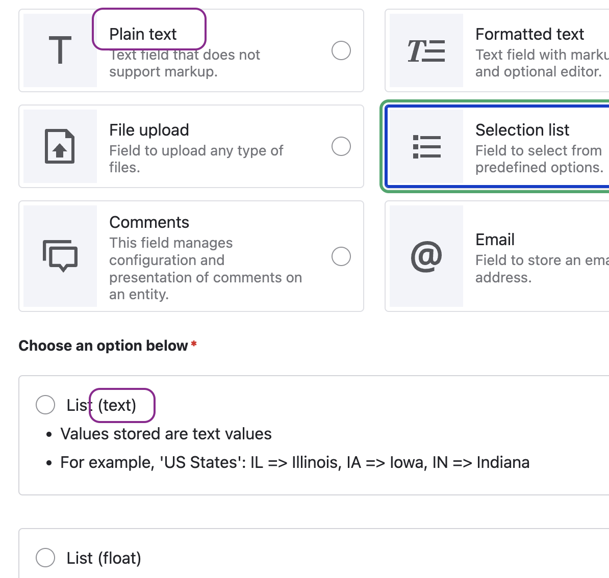 Field dialog GUI highlighting overlap of selectable items