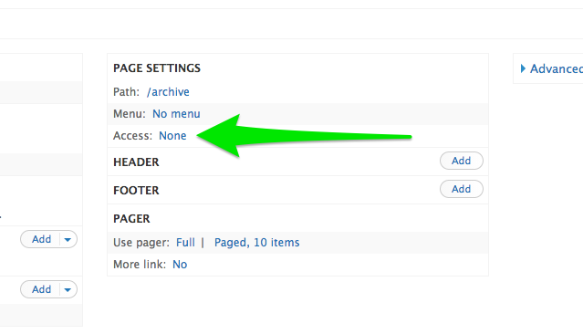 Views admin pane showing access configuration