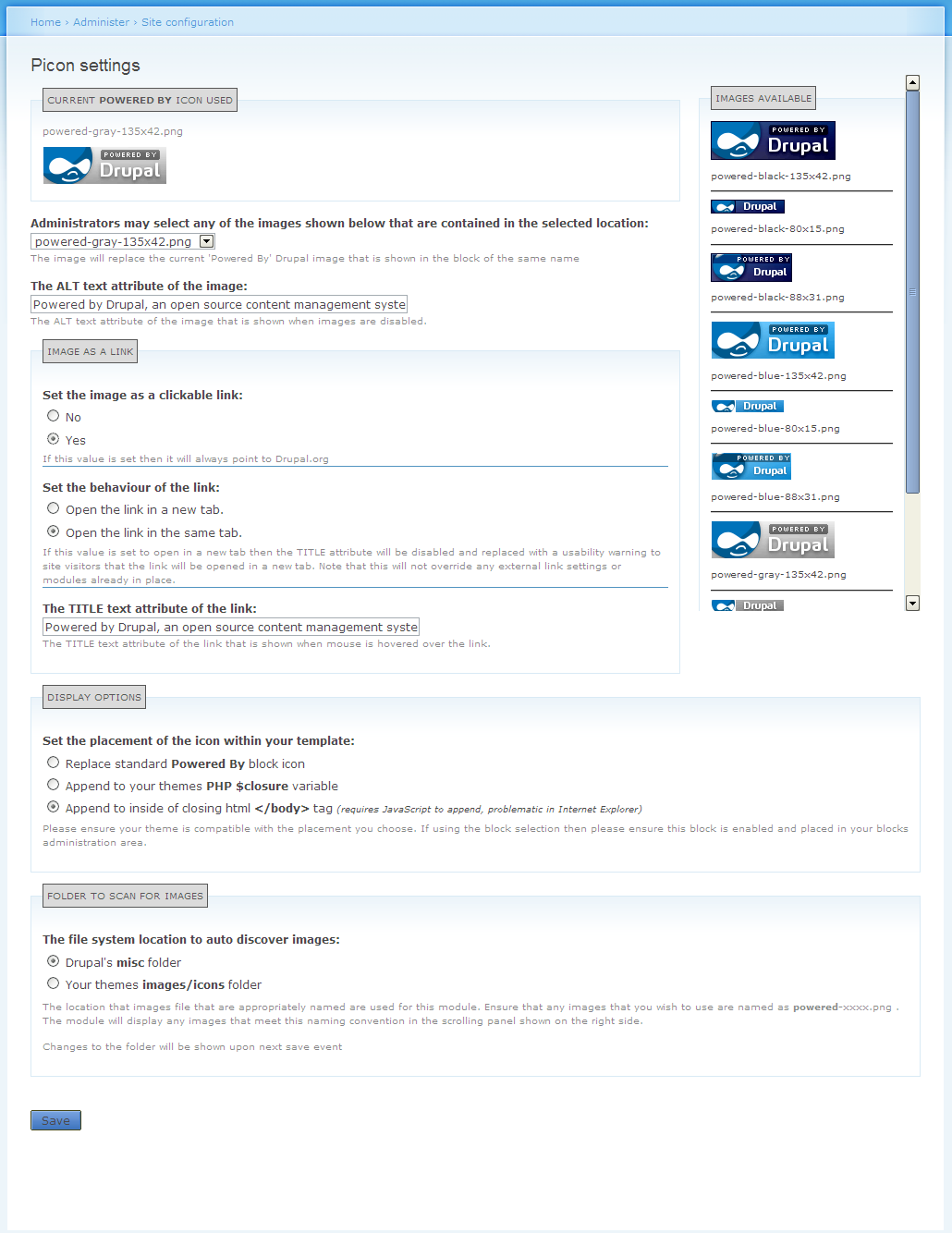 Picon admin settings page screenshot
