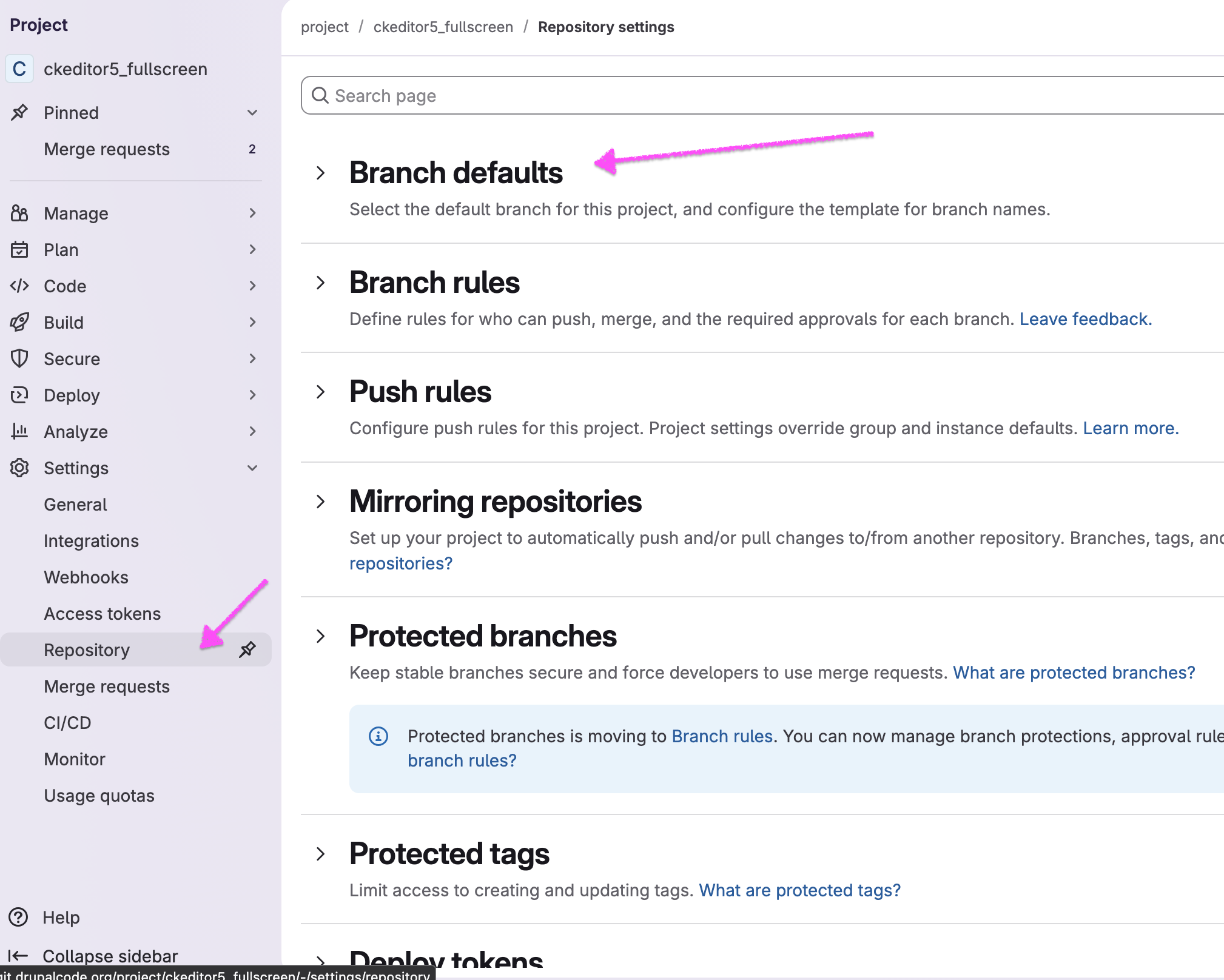 Screenshot pointing to the Settings > Repository and Branch defaults