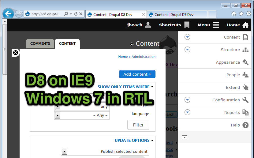 Screenshot of a D8 site in IE9 on Windows 7 in an RTL language