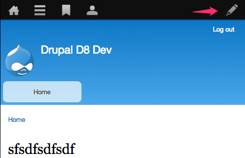 Screenshot of a Drupal 8 site with an arrow pointing to the Edit mode toggle in the toolbar.