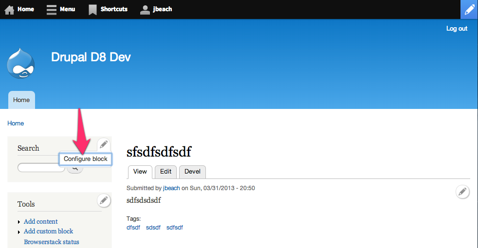 Screenshot of a Drupal 8 site. An arrow points to the Configure block action of the Search block contextual link set.