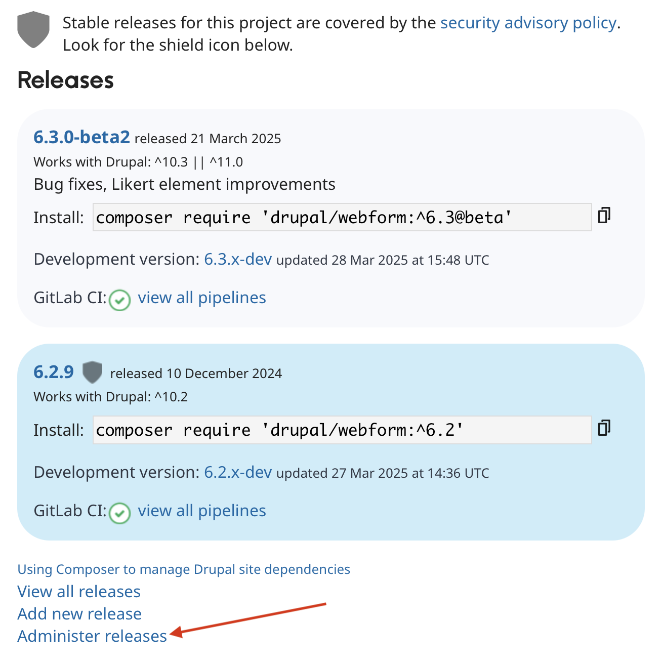 Administer releases link