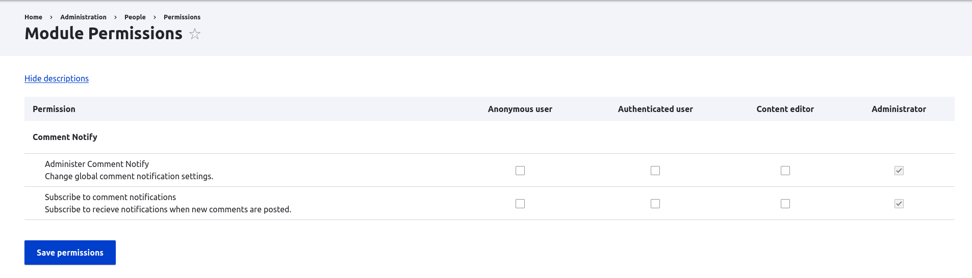 Comment Notify permissions.