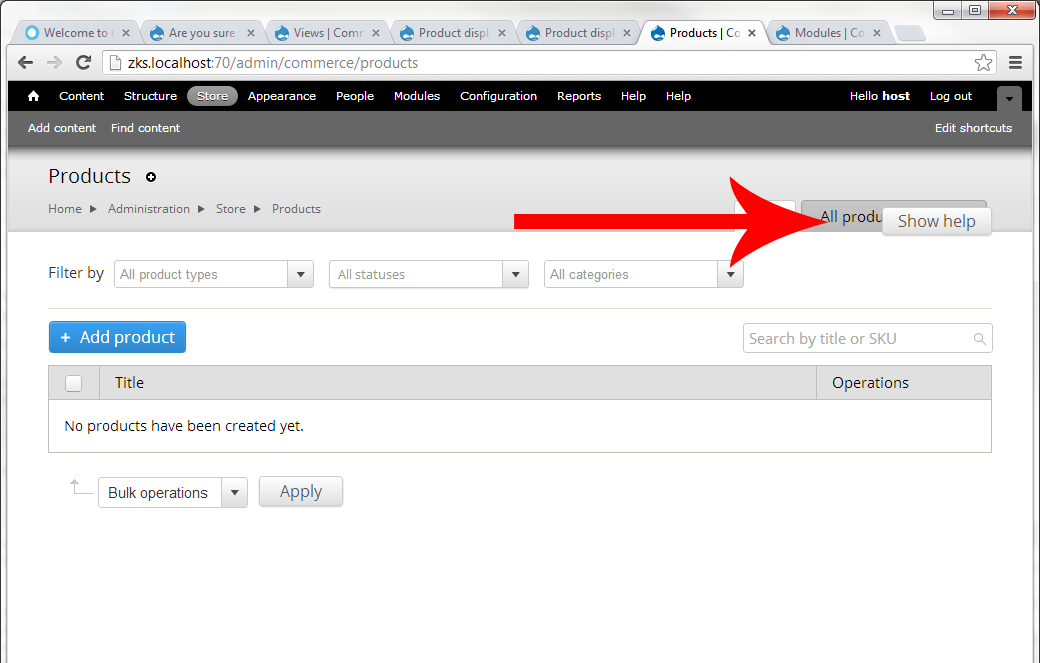 shows "Show help" button overlapping page tabs