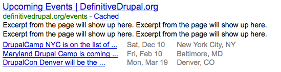 Google Rich Snippet preview for a listing of events powered by Drupal 7, schema.org and RDFa