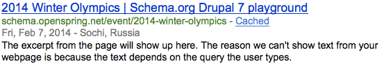 Google Rich snippet preview of an event powered by the schema.org Drupal module and RDFa