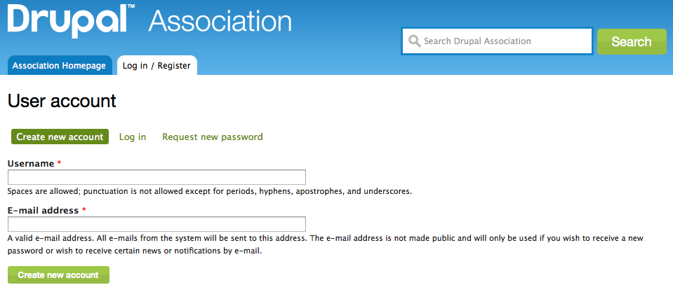 Association registration page