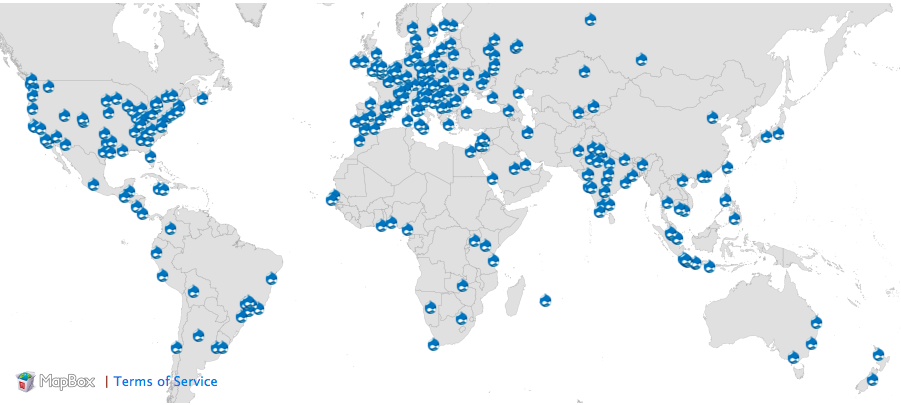 A map showing all of the Drupal parties around the world.