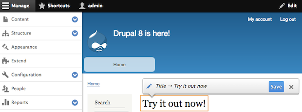 Screenshot of the Drupal 8 Quick Edit feature
