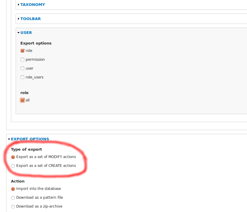 Export configuration UI