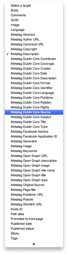 Metatag target options in the Feeds field mapper.