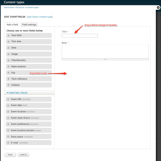Fields become a pallette of options that can be dragged into the form area for a more WYSIWYG experience.