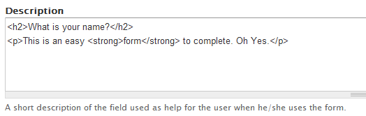 component field description setup, with <p>, <h2> and <strong> tags