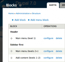 The "Add menu block" link and 3 example menu blocks