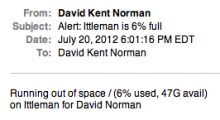 Screenshot of diskfree alert email showing 47G of free space on the / partition