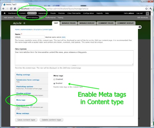 Screenshot of content type settings page