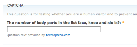 A sample CAPTCHA challenge with the question The number of body parts in the list face, knee and six is?