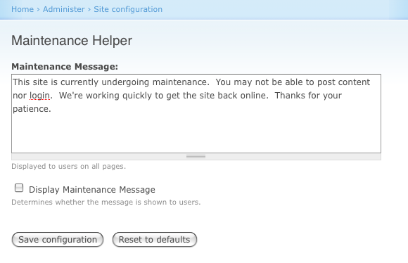 Maintenance Helper Module's Administration Screen