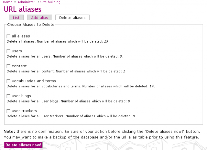 Pathauto 5.x-2.x bulk delete page