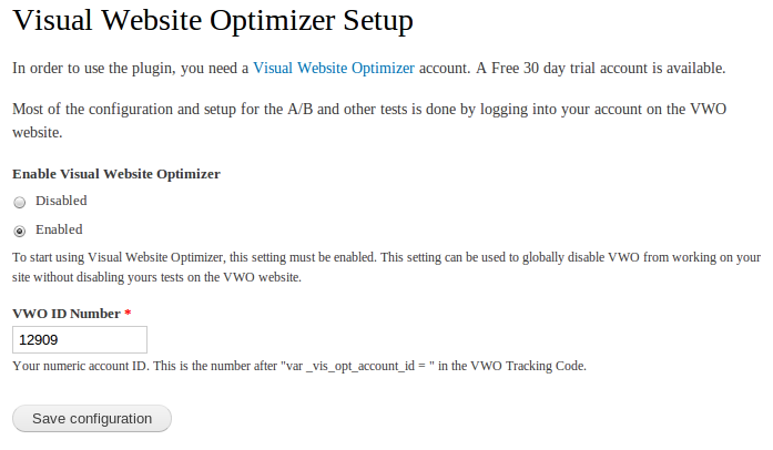 Visual Website Optimizer - Settings Page