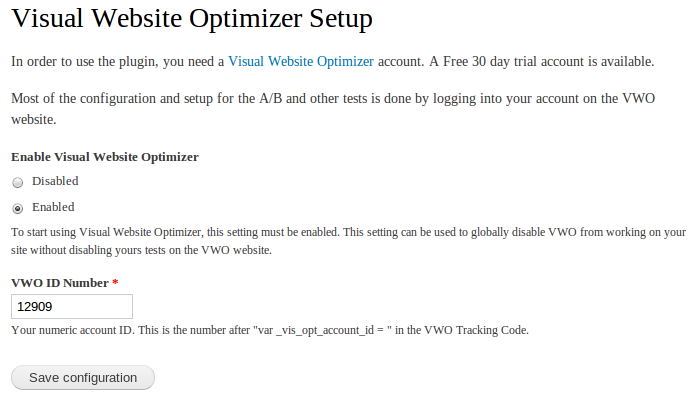 Screenshot of VWO settings page.