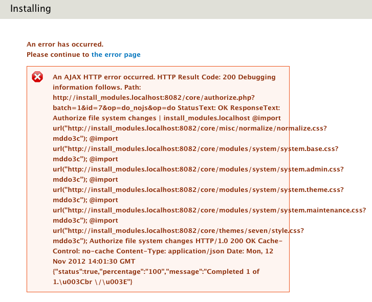 AJAX error page