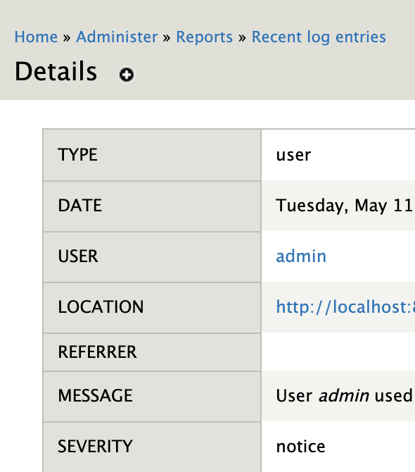 D7 dblog details page after the patch applied, shows full breadcrumbs