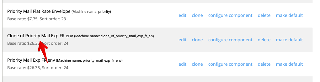 Shipping rates list, with the clone present