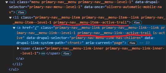 A screenshot of HTML showing the menu link with the active trail classes after applying the merge request