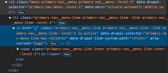 A screenshot of HTML showing the menu link missing the active trail classes
