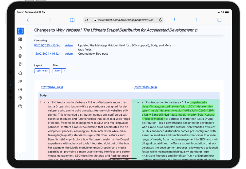 Varbase Drupal Revision History with Visual Comparisons