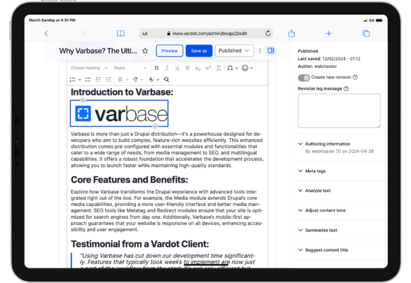 Varbase WYSIWYG Inline Editing for Drupal Content Updates