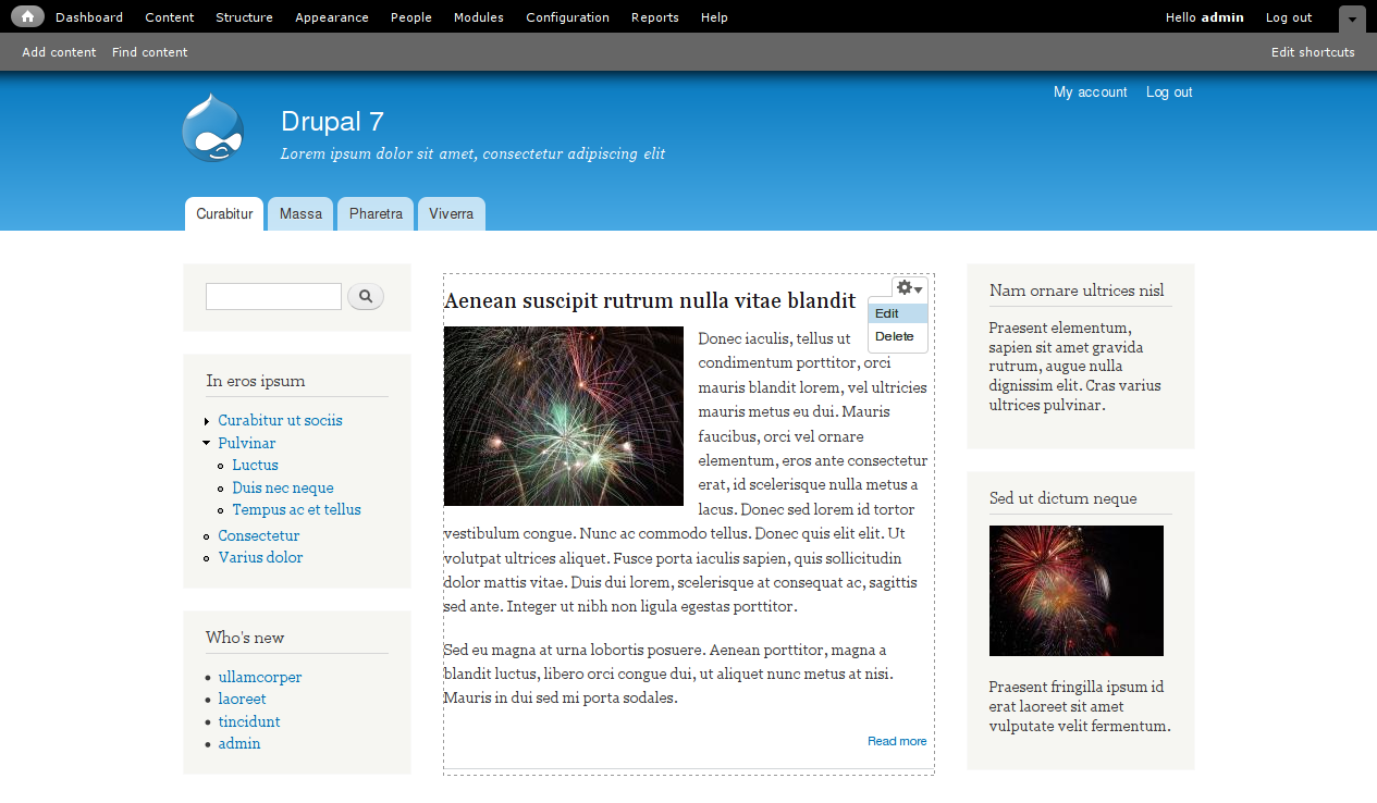 The new Drupal 7 user interface showing off a variety of new features