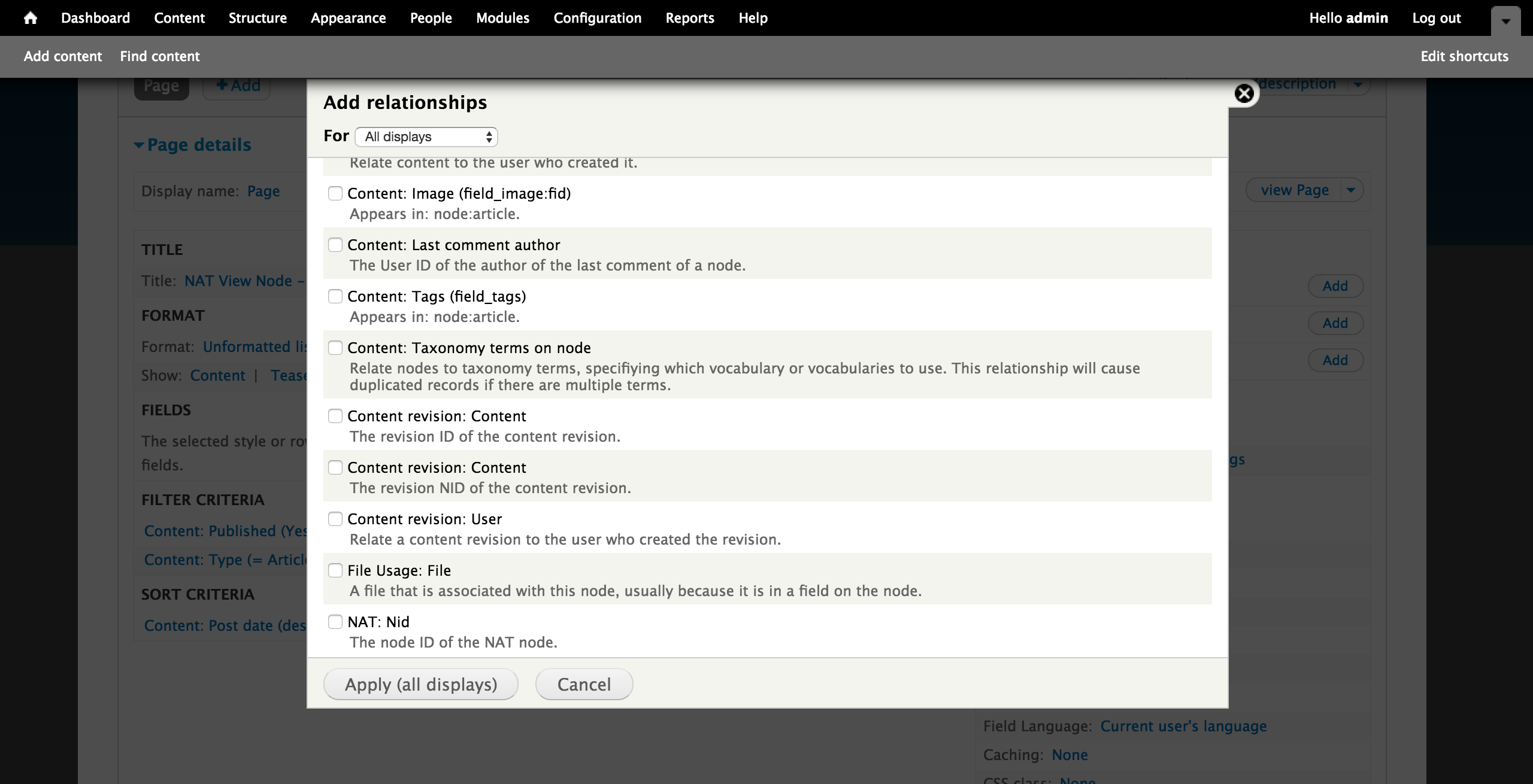 Screenshot of View settings with Relationship to NAT Node