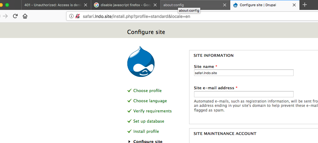 Screenshot of Drupal 7 installation with javascript disabled in Firefox