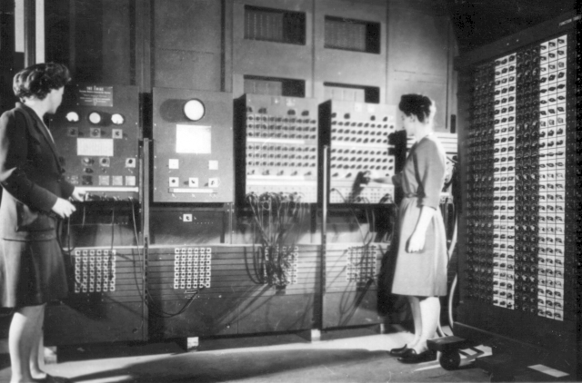 a photo of Jean Bartik, working on the ENIAC computer