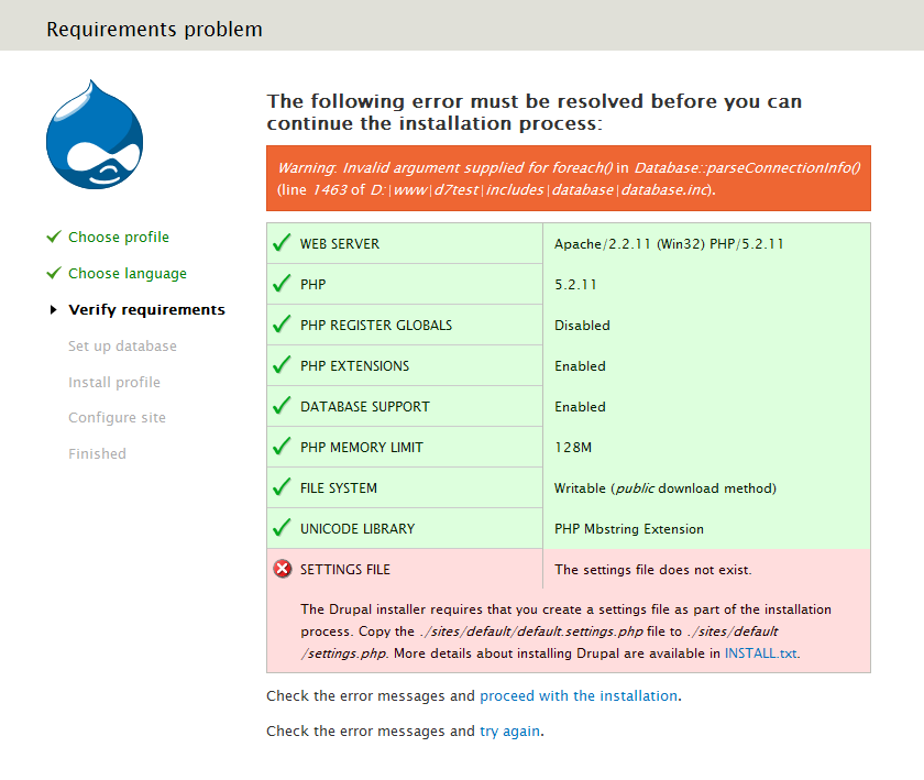 Error message when settings file does not exist should be hidden ...