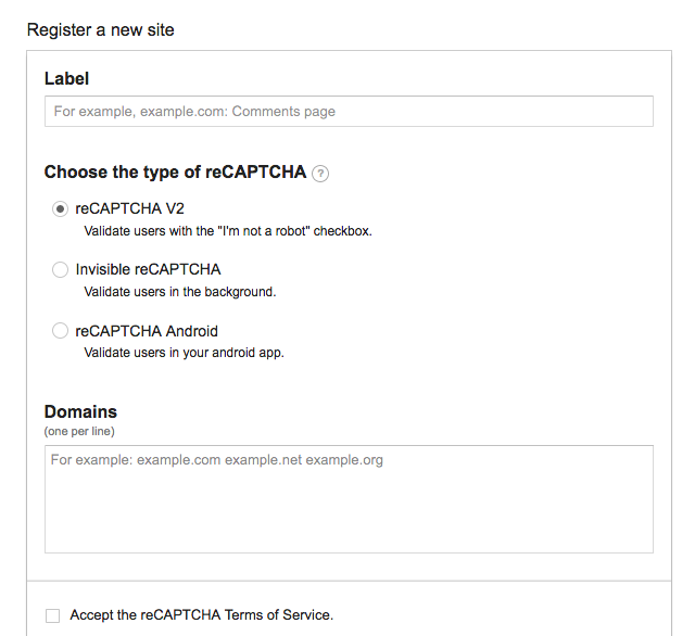 Google's reCAPTCHA registration form screenshot.