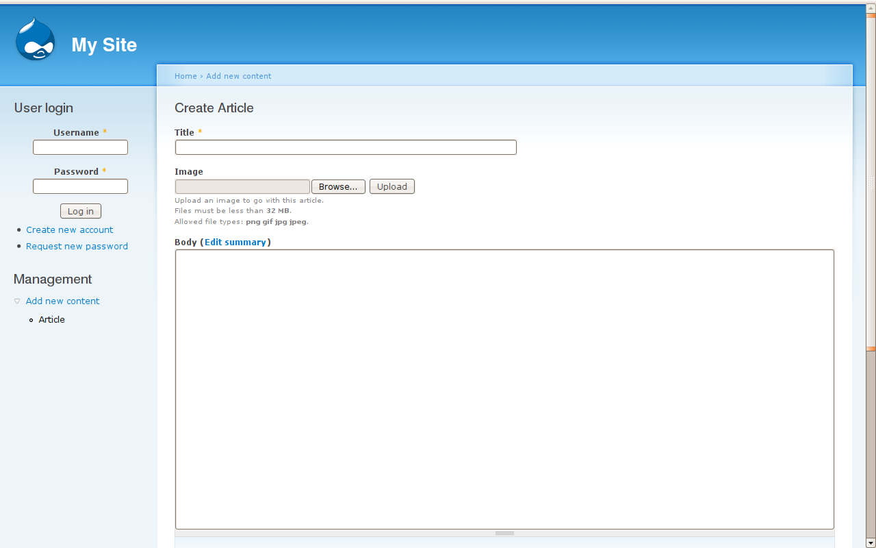 Content creation screen in the main site theme outside the overlay