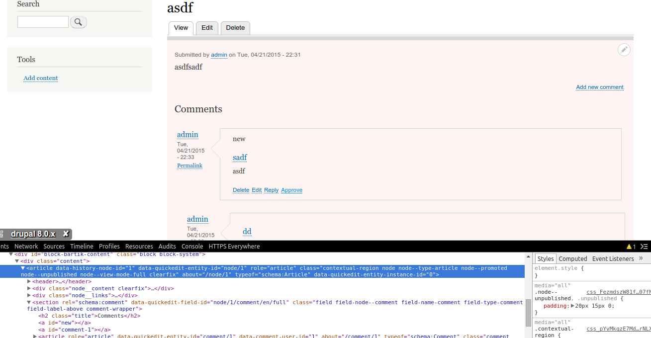 screenshot of unpublished node & comment