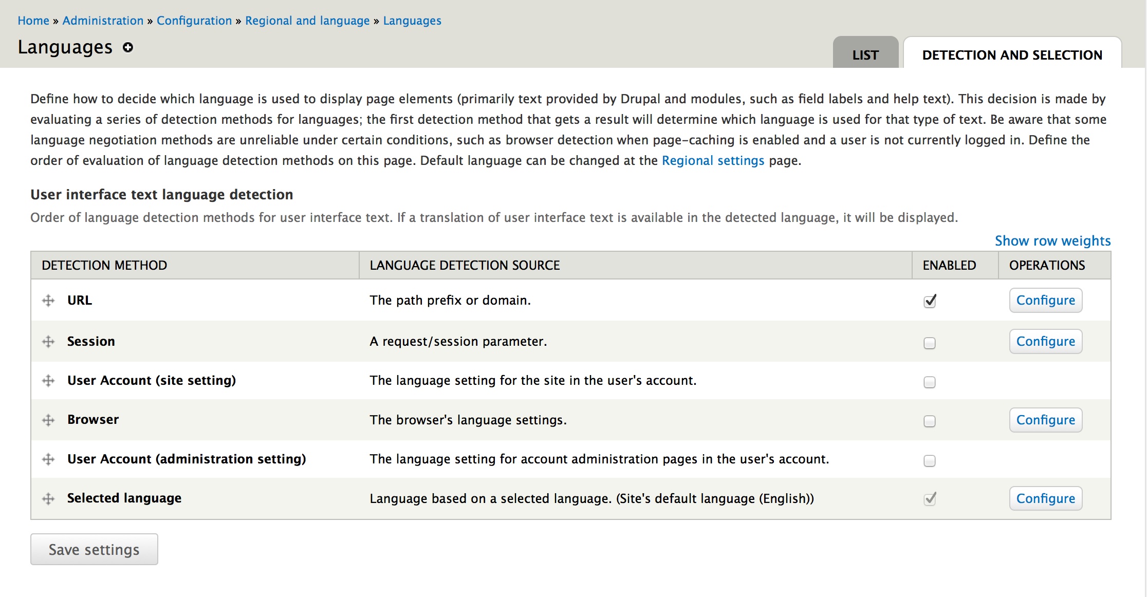 Screen Shot of Language Detection & Selection
